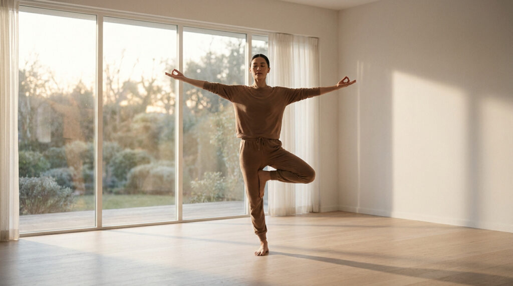 Une femme pratiquant la posture de l'arbre dans un salon lumineux, les bras étendus et les yeux fermés.
