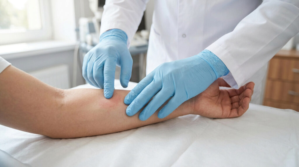 Un médecin portant des gants bleus examine une zone rouge et enflammée sur l'avant-bras d'un patient.