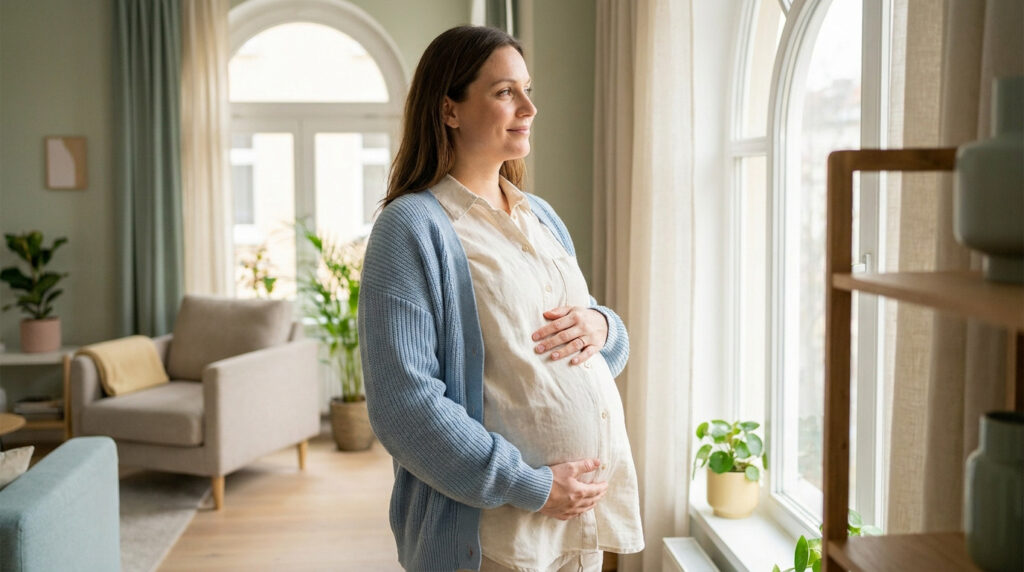 Une femme enceinte souriante regarde par la fenêtre dans un salon lumineux et chaleureux.