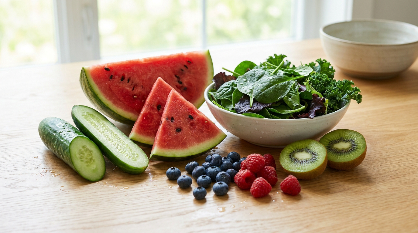 Assortiment de fruits et légumes frais, dont de la pastèque, des baies, du concombre et de la salade sur une table.