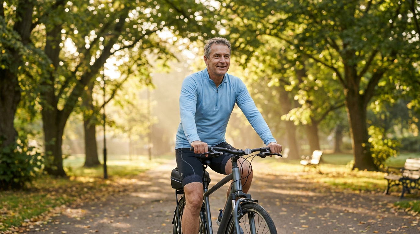 Un homme d'âge mûr fait du vélo en souriant dans un parc ensoleillé, portant une tenue de cycliste confortable.