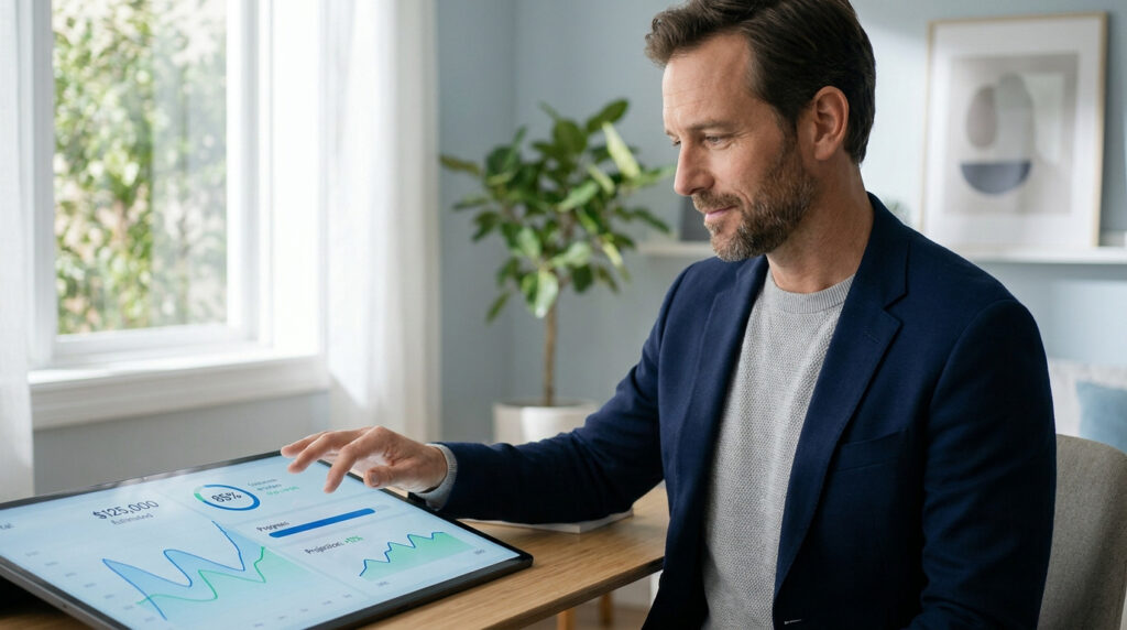 Un homme en veste bleue utilise un écran tactile affichant des données financières et des graphiques de progression.