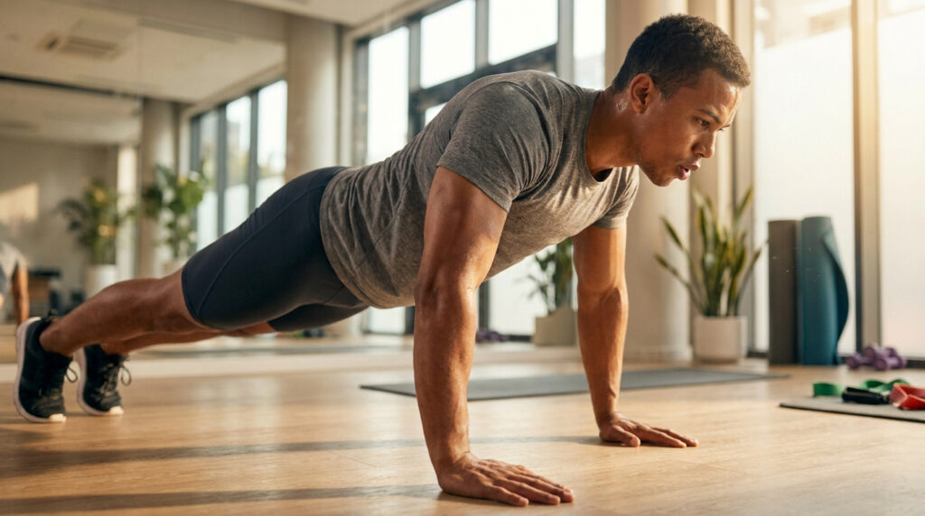 Un athlète concentré effectue des pompes dans une salle de sport lumineuse.
