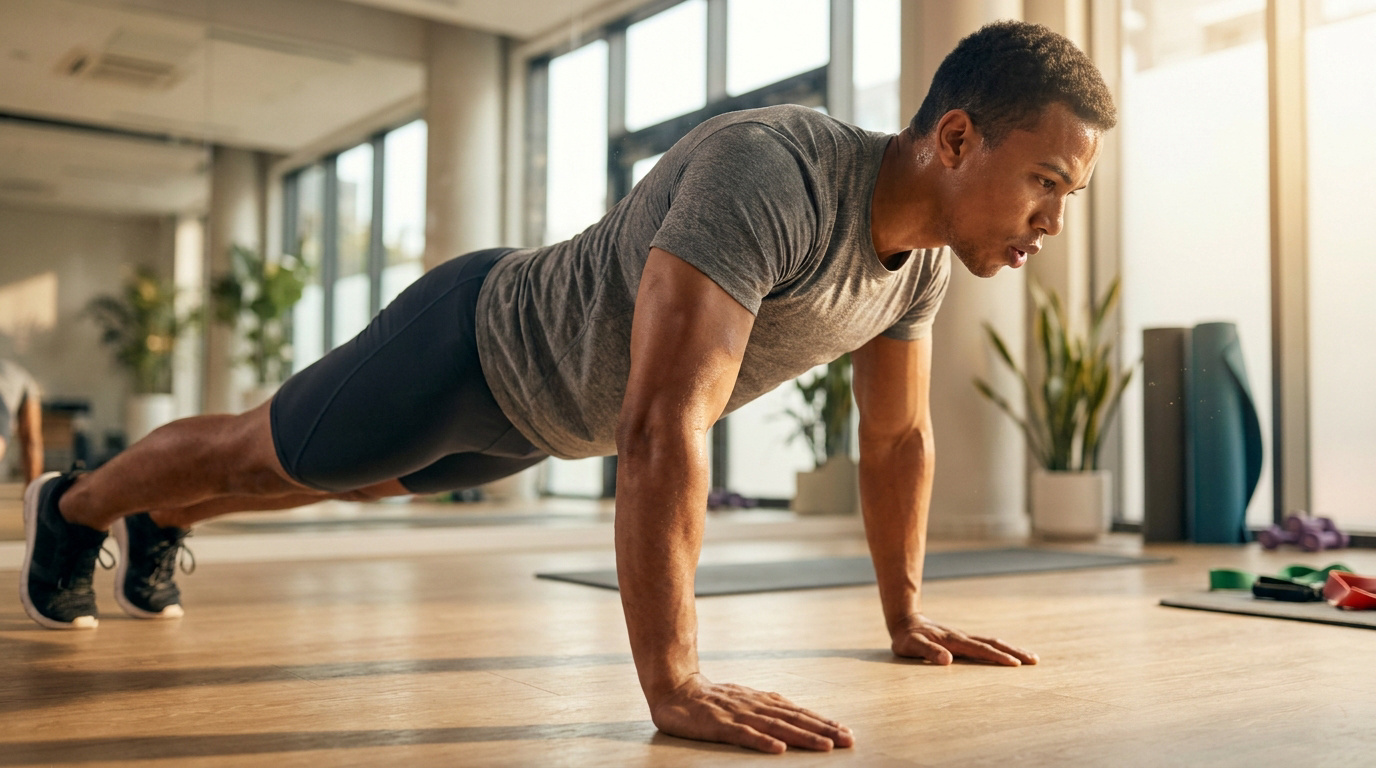 Un athlète concentré effectue des pompes dans une salle de sport lumineuse.