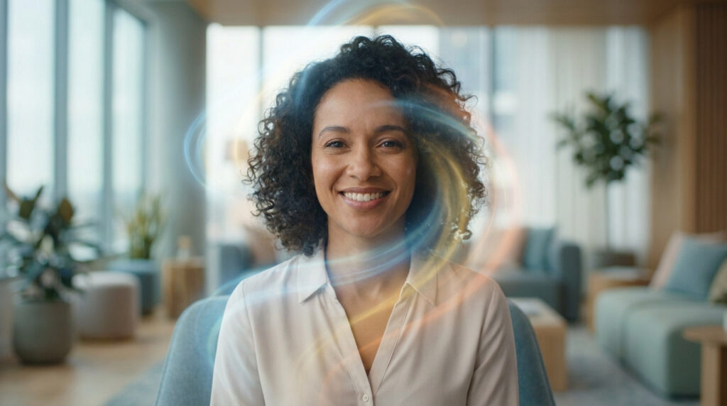 Portrait d'une femme souriante entourée d'une aura lumineuse en spirale symbolisant l'énergie positive.