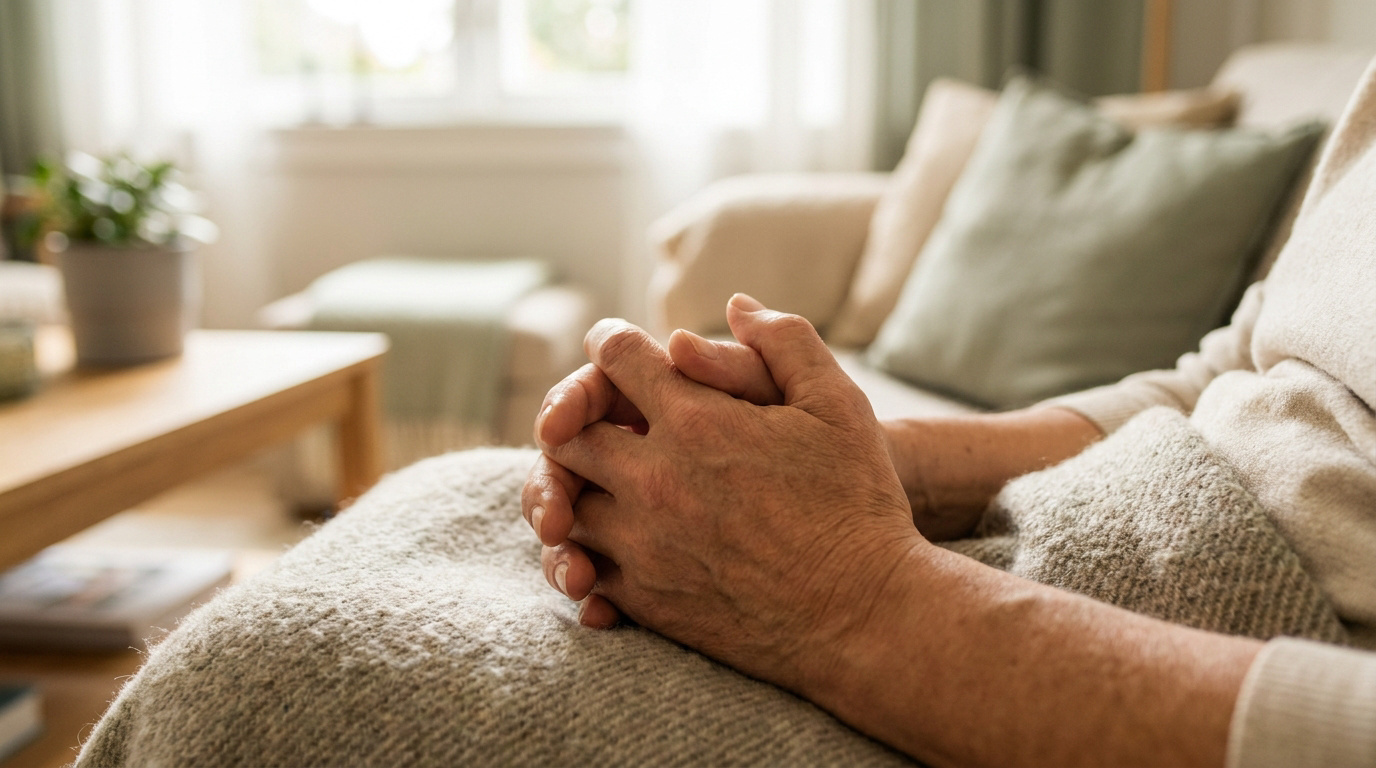 Gros plan sur les mains jointes d'une personne âgée assise sur un canapé dans un salon lumineux.