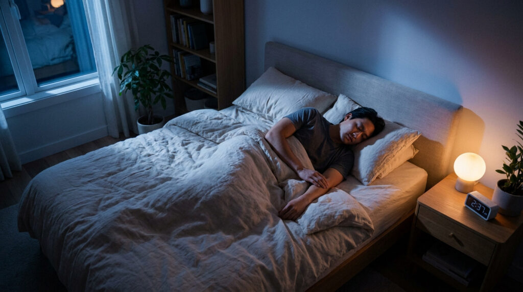 Un homme dort dans un lit sombre éclairé par une lampe de chevet, un réveil indique 2h37.