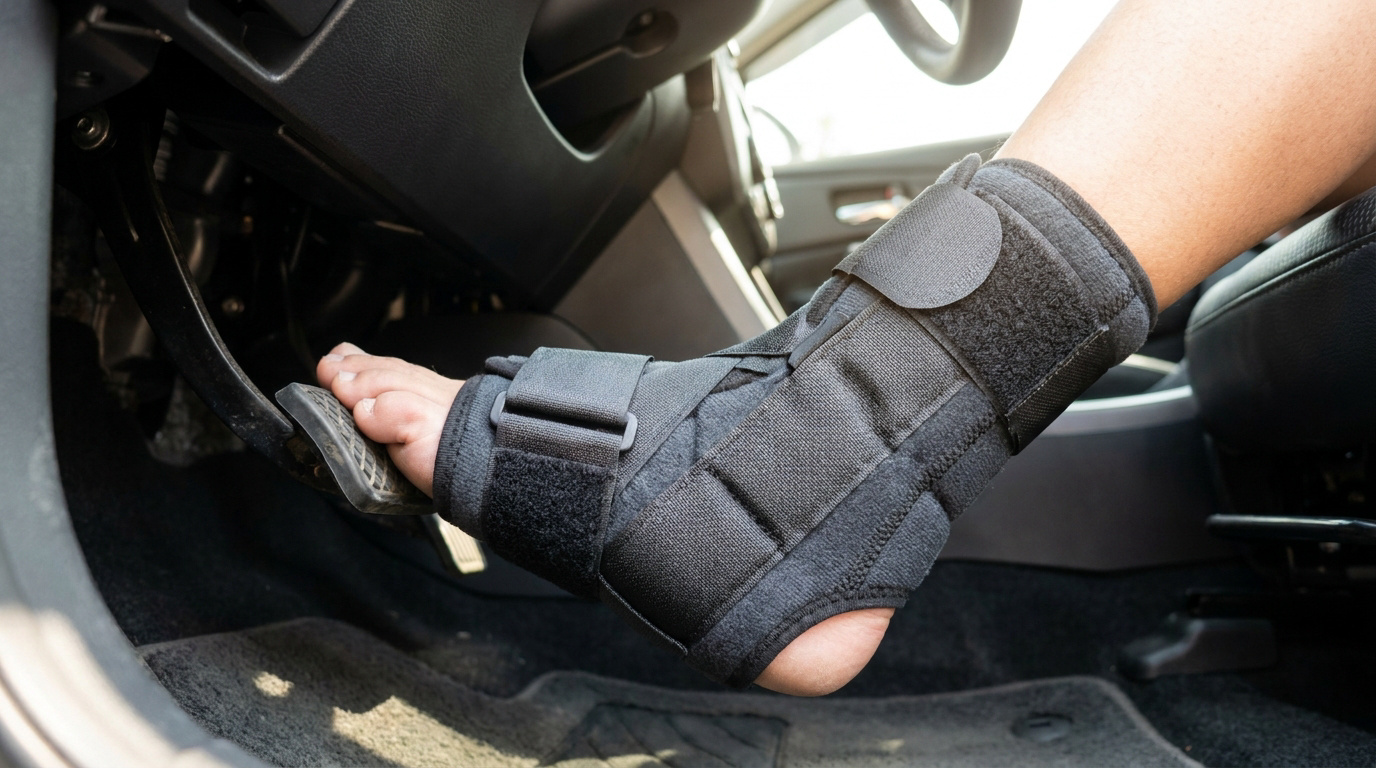Pied portant une attelle orthopédique appuyant sur la pédale de frein d'une voiture.