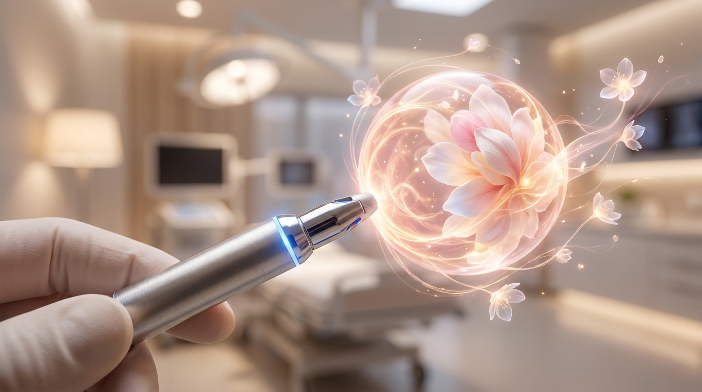 Instrument chirurgical tenu par un chirurgien projetant une fleur lumineuse dans un bloc opératoire flouté.