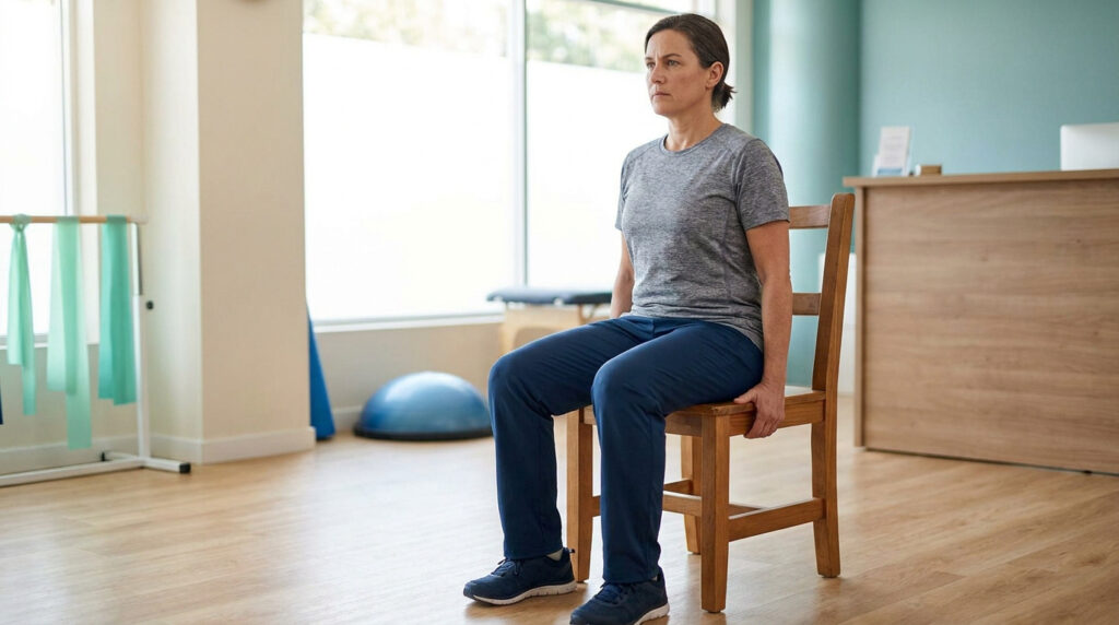 Une femme assise en équilibre sur une chaise de bois dans un cabinet de kinésithérapie.