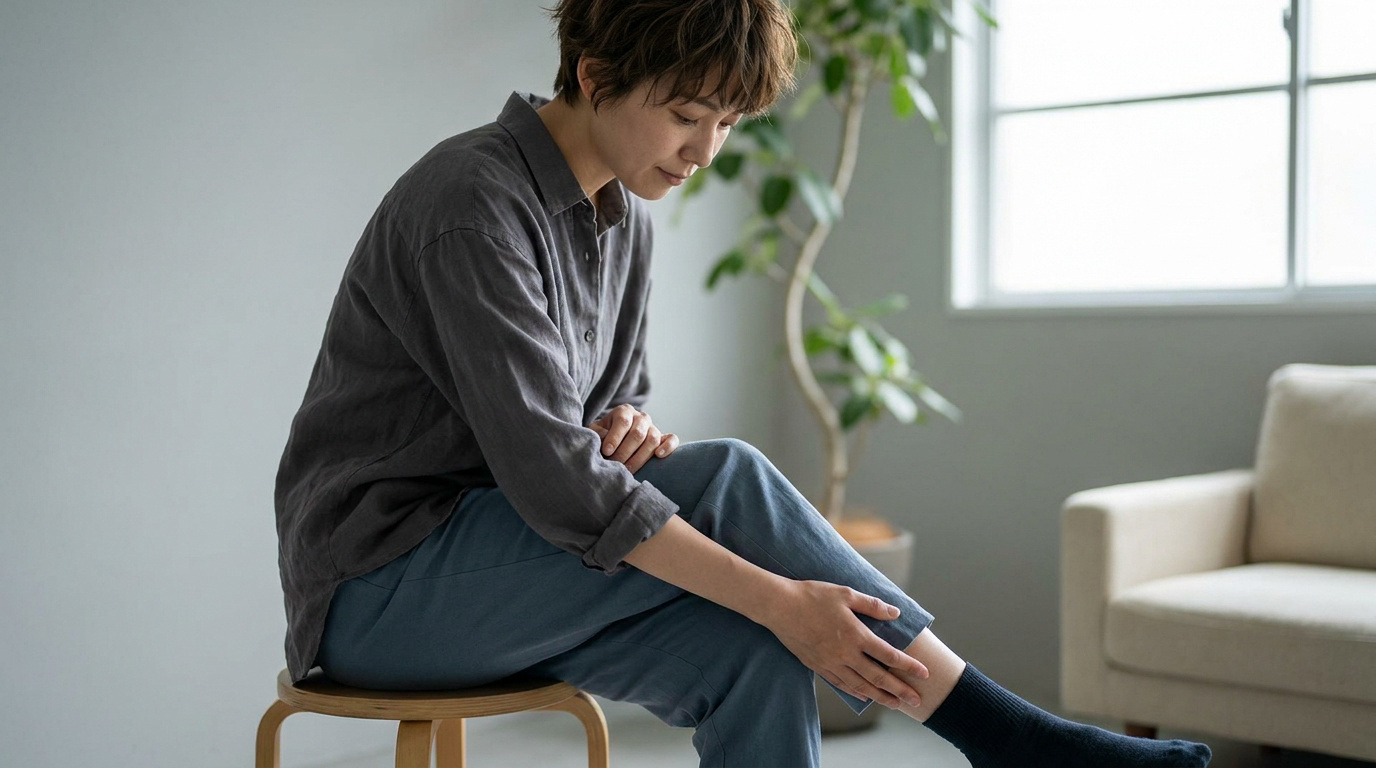 Une personne assise touchant sa jambe avec une expression préoccupée, évoquant une paresthésie.