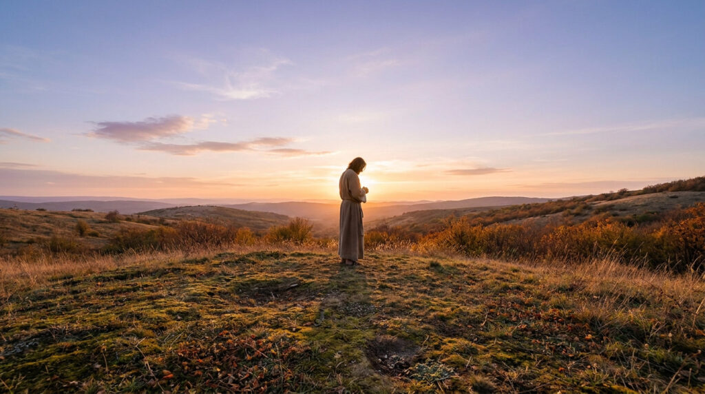 Une personne en robe priant seule sur une colline au coucher du soleil.
