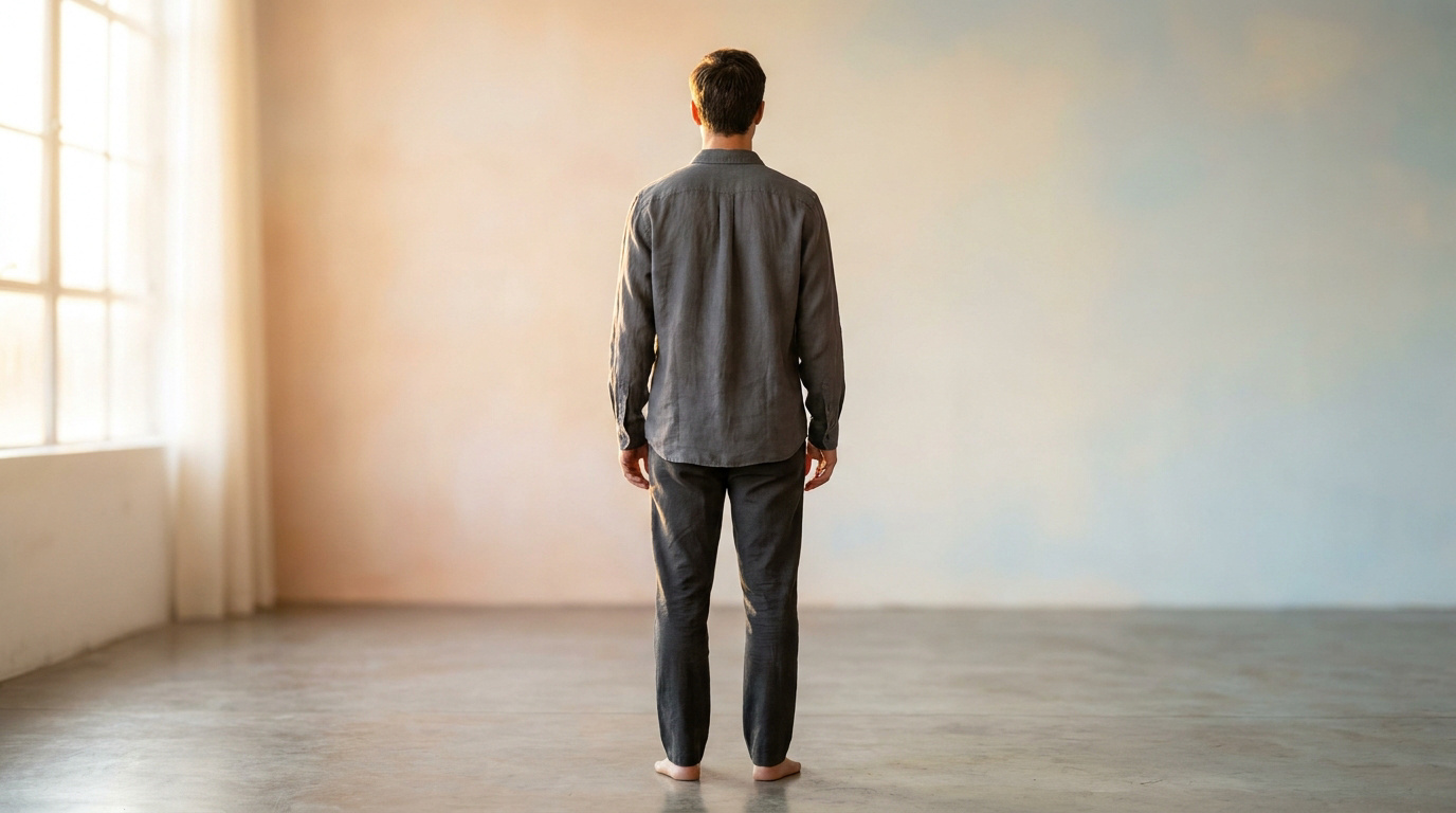 Un homme vêtu d'une chemise et d'un pantalon gris, debout de dos, au milieu d'une pièce vide et lumineuse.