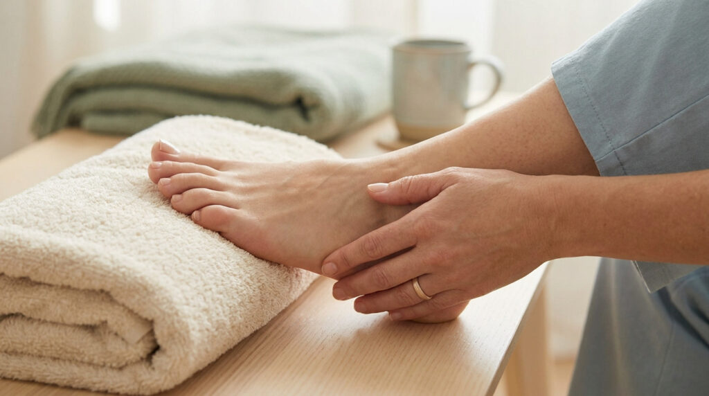 Une personne masse son pied posé sur une serviette propre, évoquant un soin ou un soulagement de la douleur.