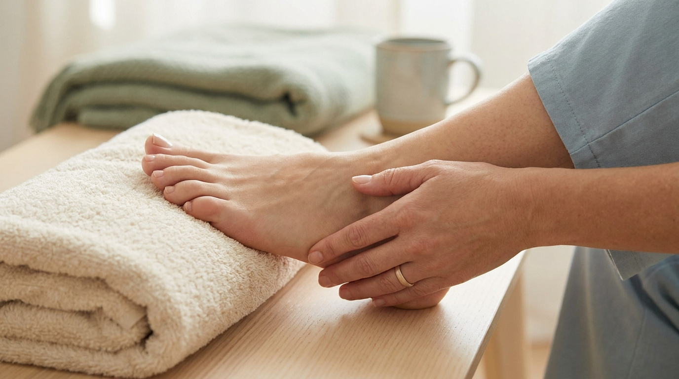 Une personne masse son pied posé sur une serviette propre, évoquant un soin ou un soulagement de la douleur.