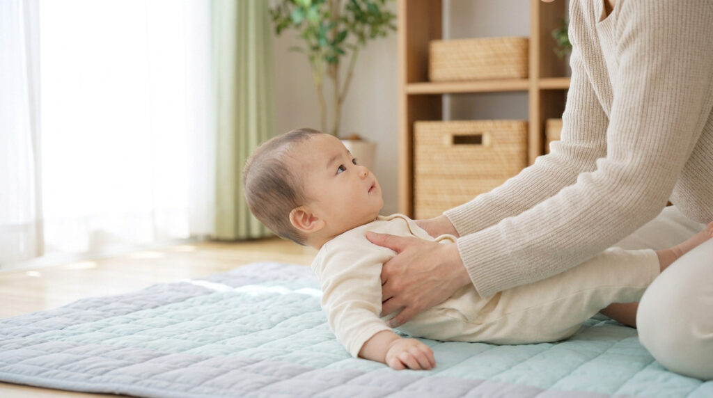 Un parent soutient doucement son bébé allongé sur un tapis d'éveil dans une pièce lumineuse.