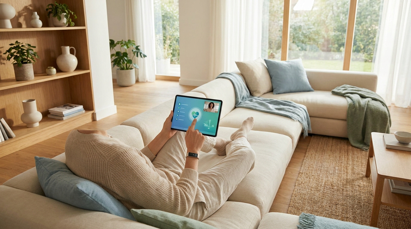 Une personne allongée sur un canapé utilise une tablette pour une téléconsultation médicale avec une interface de santé.