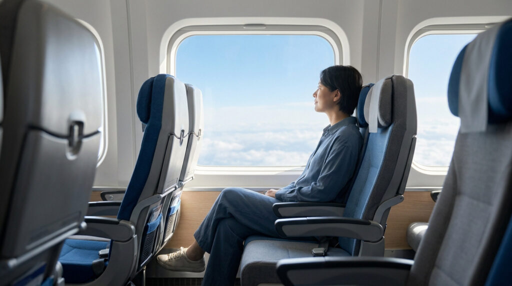Une passagère calme assise près du hublot d'un avion, regardant les nuages au-dessus d'elle.
