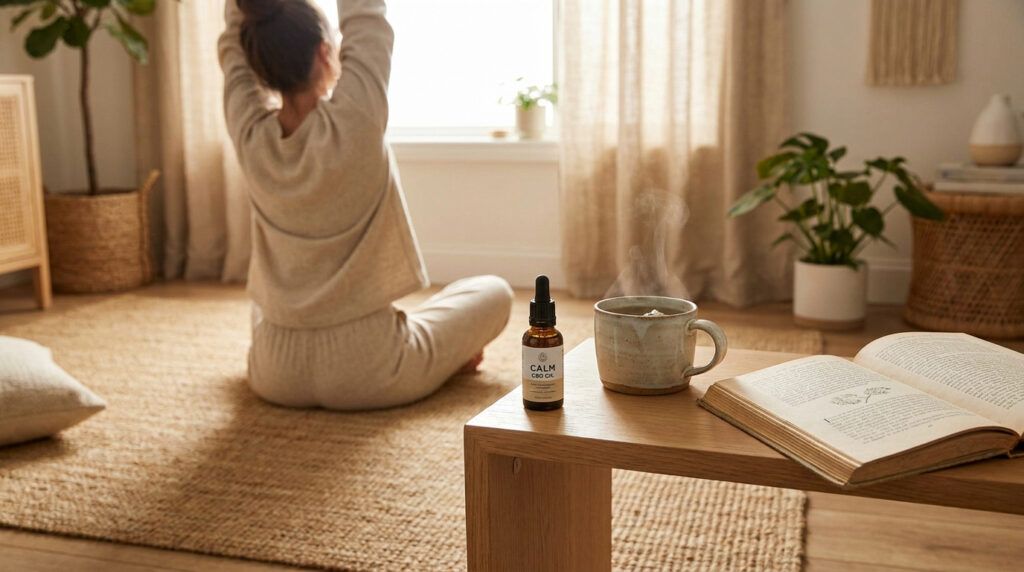 Une femme s'étire au soleil près d'une table avec une huile de CBD, une tasse fumante et un livre ouvert.