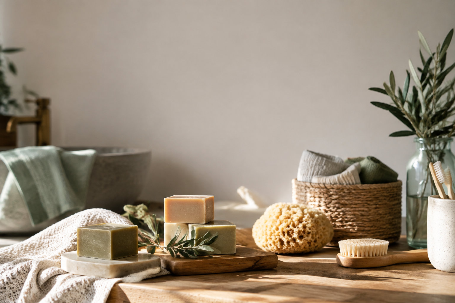 Cubes de savon de Marseille et accessoires de bain naturels sur une table en bois dans une salle de bain lumineuse.