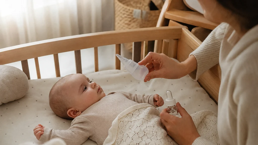 Illustration éditoriale pour l’article « Nez bouché de bébé la nuit : comment l'aider à mieux dormir »