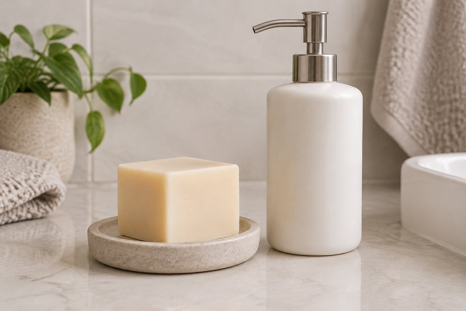 Un pain de savon beige repose dans un porte-savon en pierre à côté d’un distributeur blanc, sur un comptoir de salle de bains.