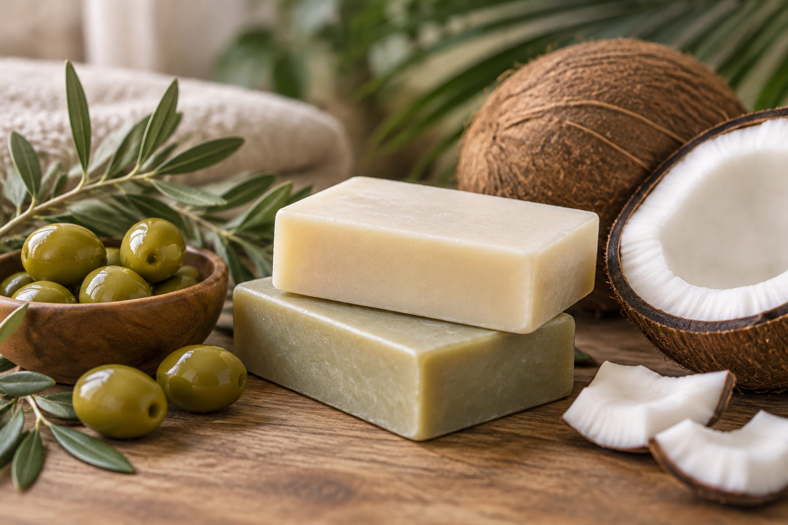 Deux pains de savon posés sur une table en bois, entourés d’olives, de branches feuillues et de morceaux de noix de coco.