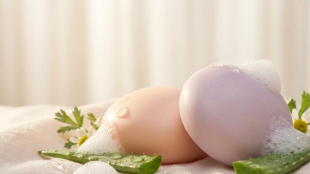Illustration de savons doux et de mousse dans des tons pastel