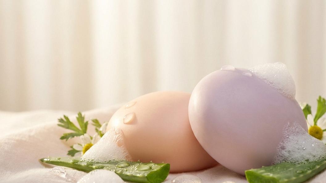 Illustration de savons doux et de mousse dans des tons pastel