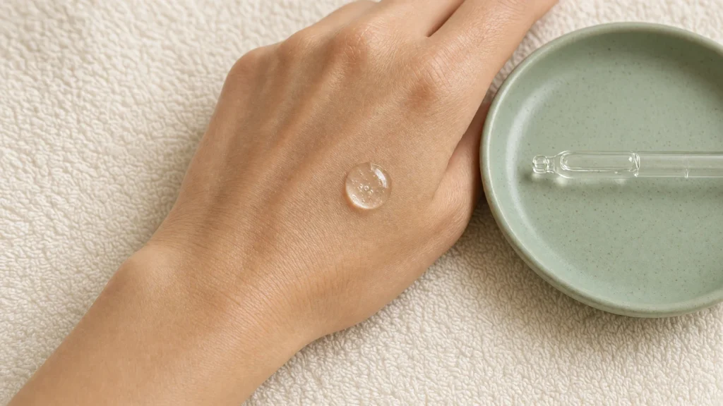 Goutte de sérum hydratant sur le dos de la main