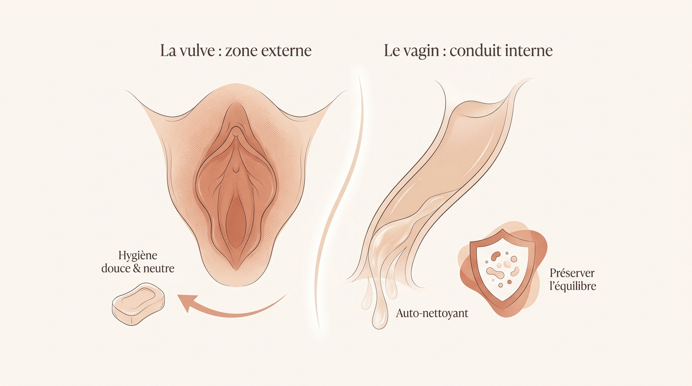 Schéma explicatif distinguant la vulve externe du vagin interne