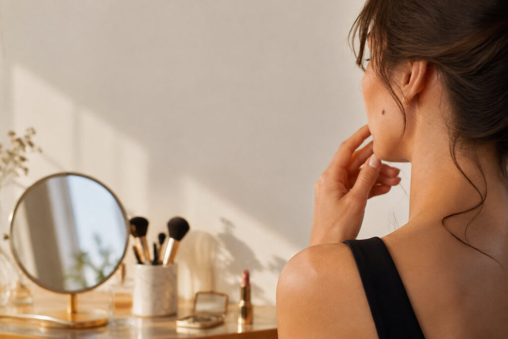 Gros plan sur le profil d'une femme avec une mouche sur la joue, devant une coiffeuse avec des pinceaux et un miroir.