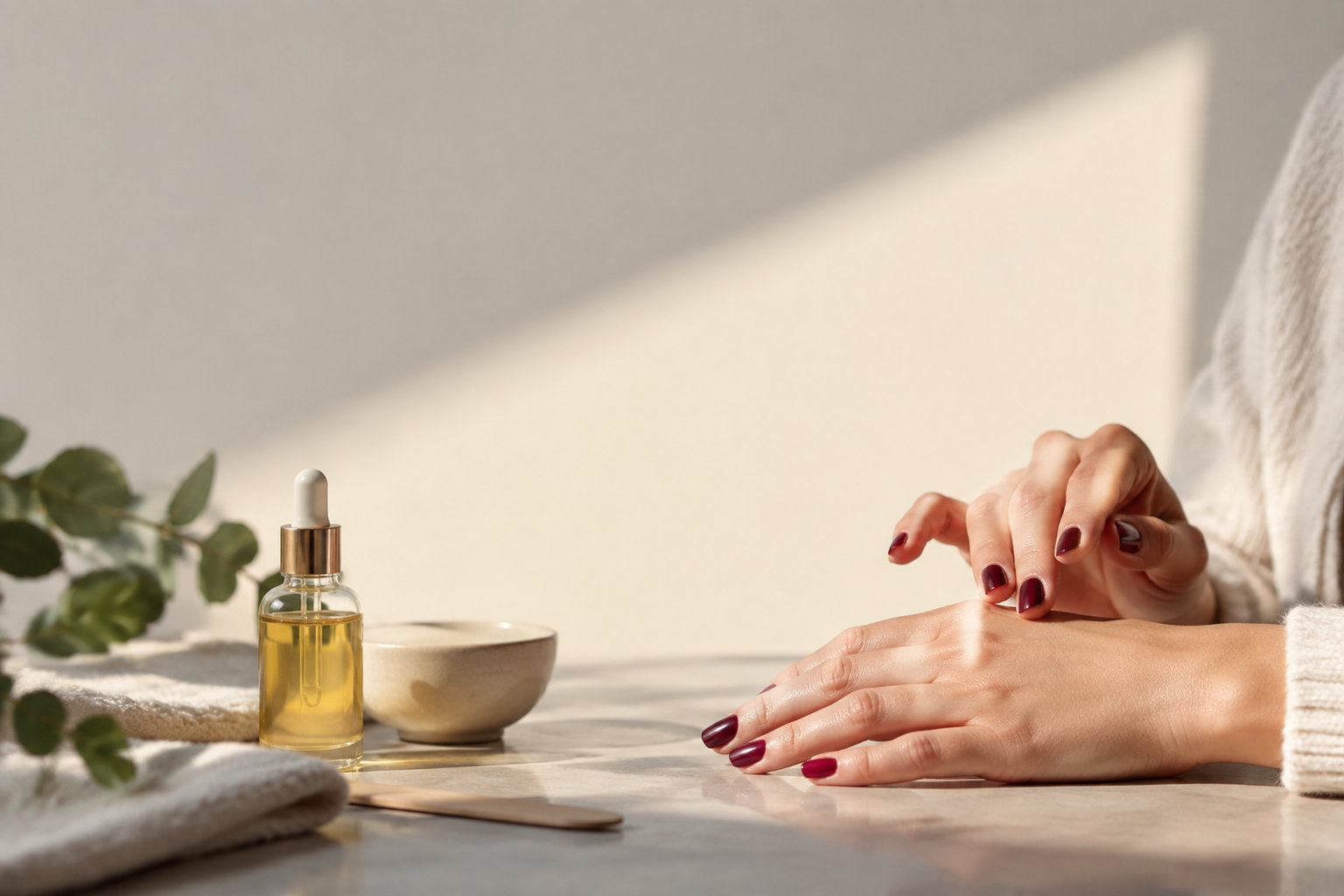 Mains avec vernis bordeaux près d'une huile de soin, sur une table baignée de soleil.