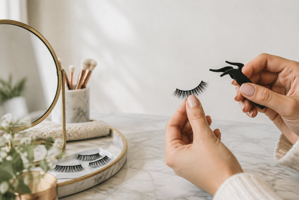 Mains tenant une pince spéciale et des faux cils magnétiques devant un miroir de maquillage sur une table en marbre.