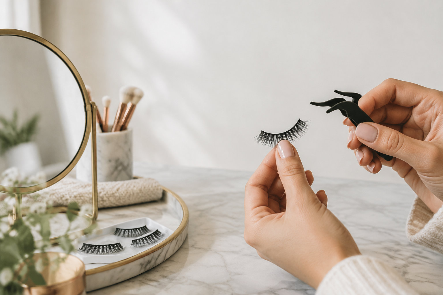 Mains tenant une pince spéciale et des faux cils magnétiques devant un miroir de maquillage sur une table en marbre.