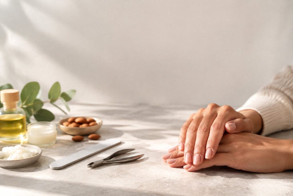 Mains soignées posées sur une table avec des produits de soin pour ongles, de l'huile, des amandes et une lime.