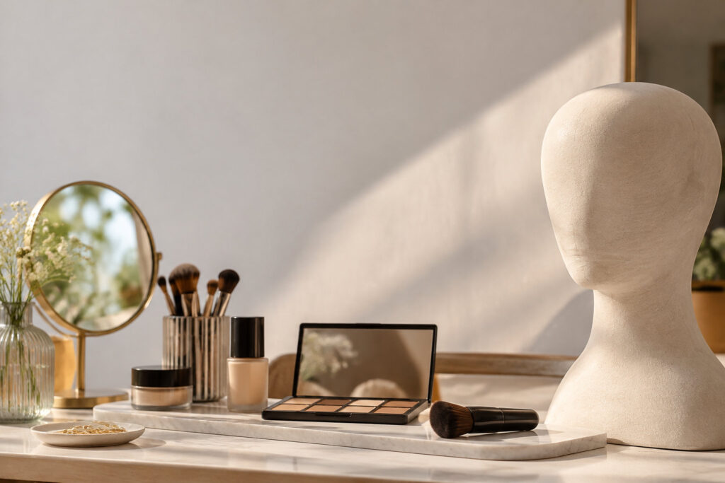 Palette de contouring, pinceaux et tête de mannequin sur une coiffeuse en marbre avec une lumière douce.