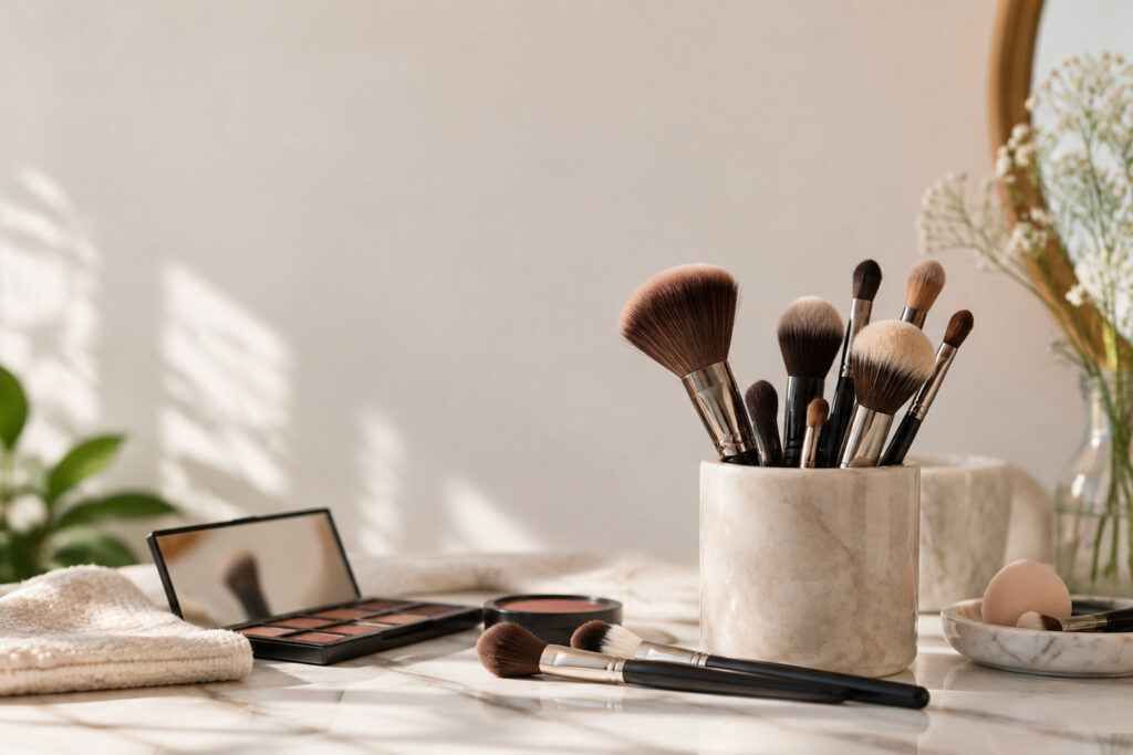 Ensemble de pinceaux de maquillage dans un pot en marbre sur une coiffeuse avec une palette et une serviette.
