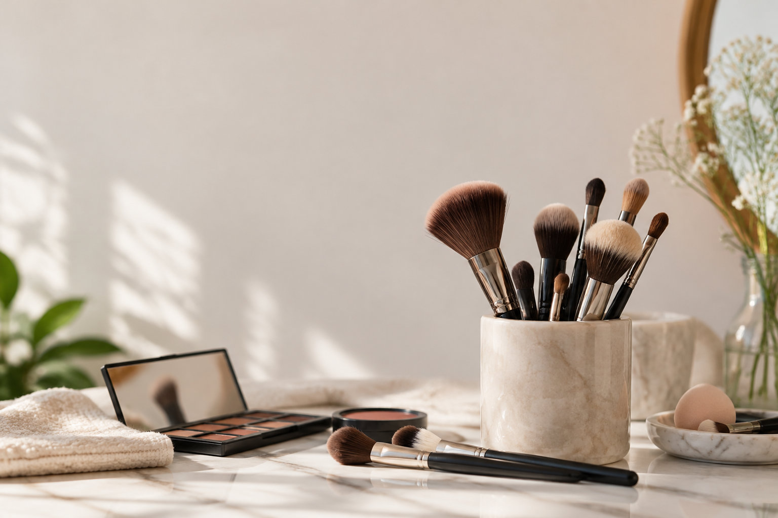 Ensemble de pinceaux de maquillage dans un pot en marbre sur une coiffeuse avec une palette et une serviette.
