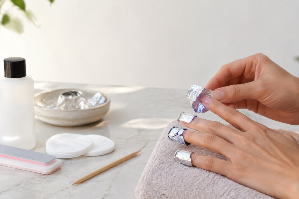 Mains avec des doigts entourés de papier aluminium pour dissoudre le vernis gel UV.