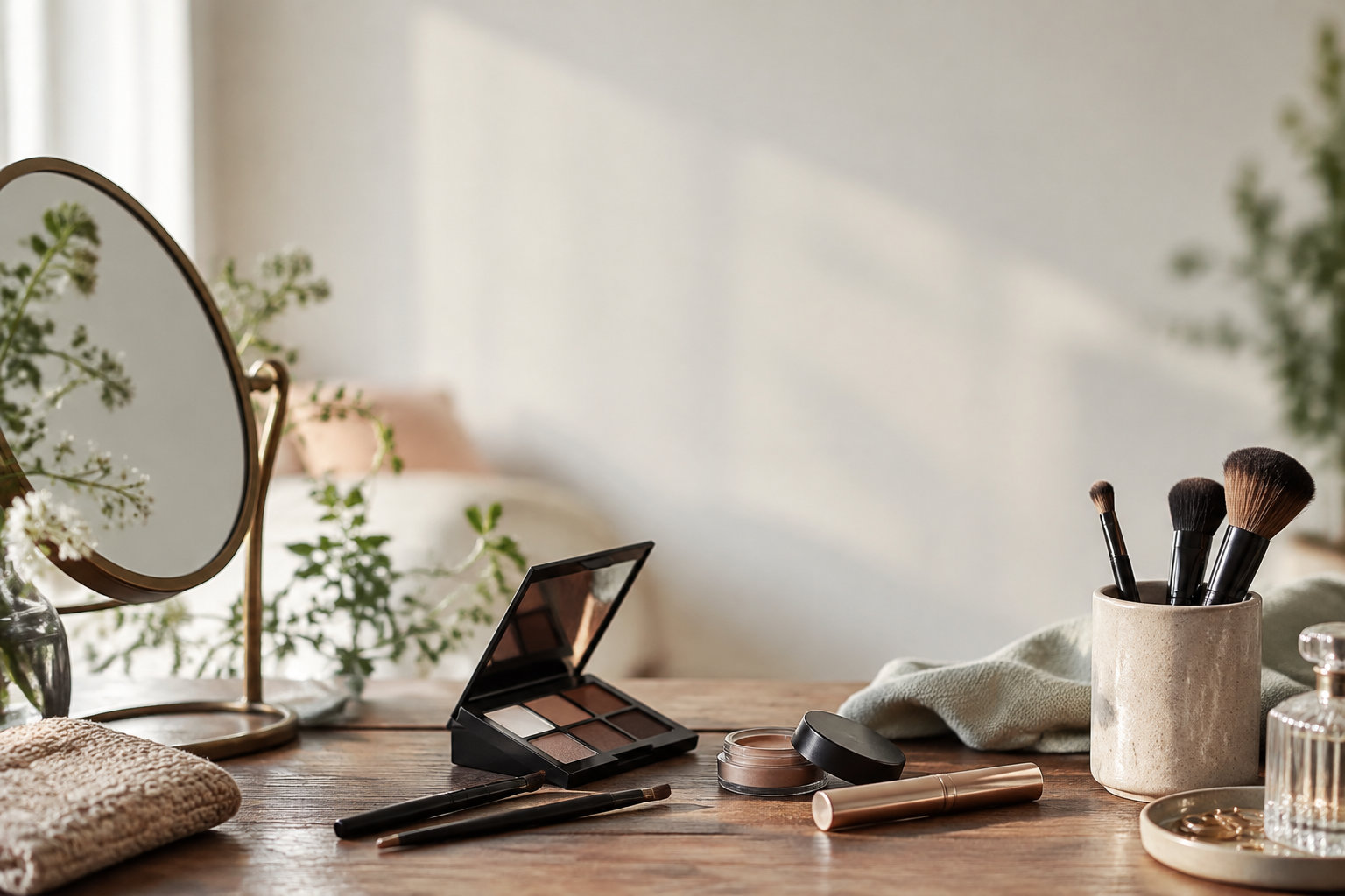 Table de coiffeuse avec miroir, palette d'ombres à paupières, pinceaux et produits de beauté dans une ambiance lumineuse.