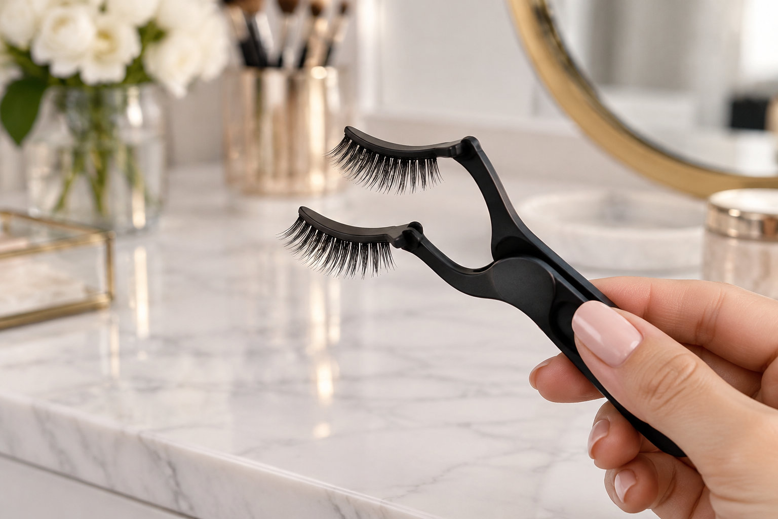 Une main tient un applicateur noir avec une paire de faux cils devant un miroir, sur un comptoir de salle de bains.