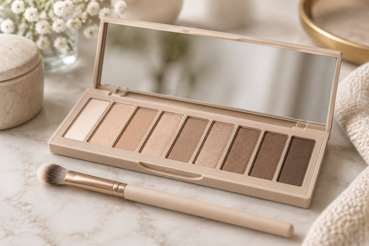 Une palette de fards à paupières dans des tons beige et bruns, accompagnée d’un pinceau, est posée sur une surface claire près d’un vase de fleurs.