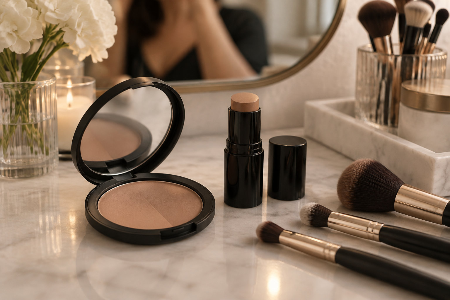Un poudrier ouvert, un stick de maquillage et plusieurs pinceaux sont posés sur un comptoir en marbre devant un miroir.