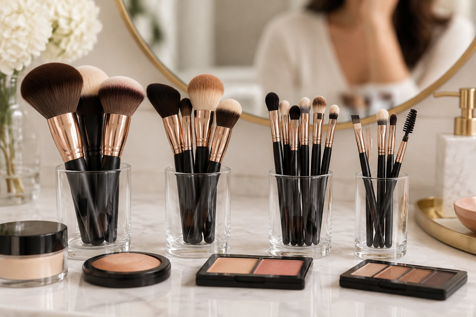 Des pinceaux de maquillage rangés dans des pots en verre sont disposés derrière plusieurs produits de maquillage sur une coiffeuse.