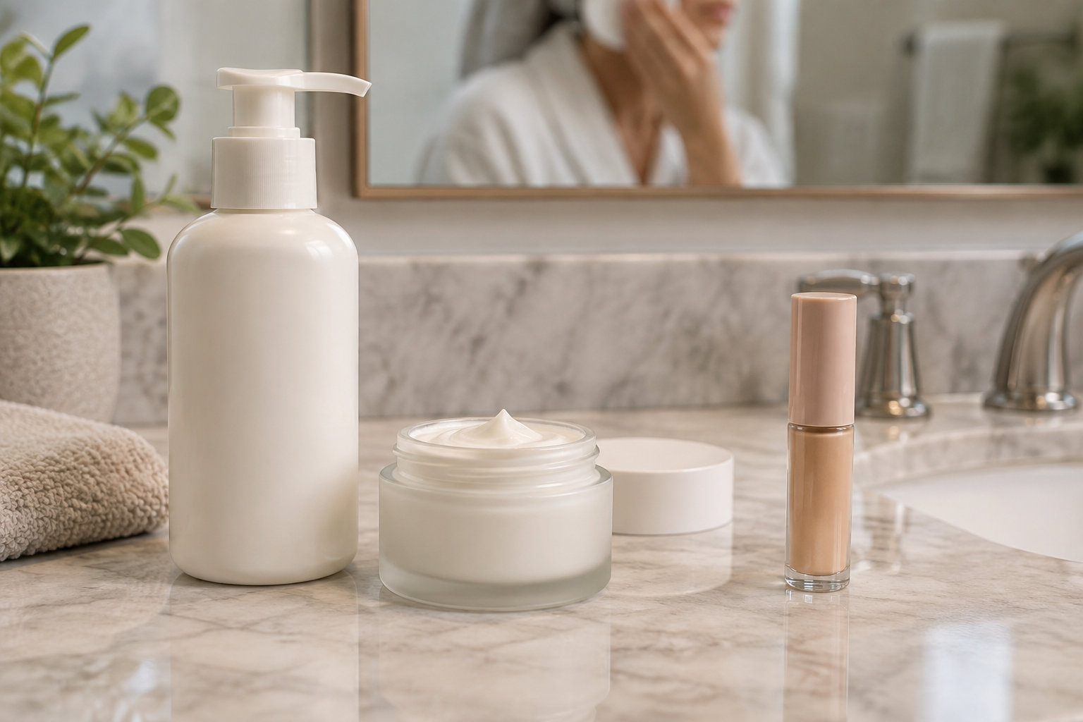 Des produits de soin sans étiquette visible sont disposés sur un comptoir de salle de bains, devant un miroir et un lavabo.