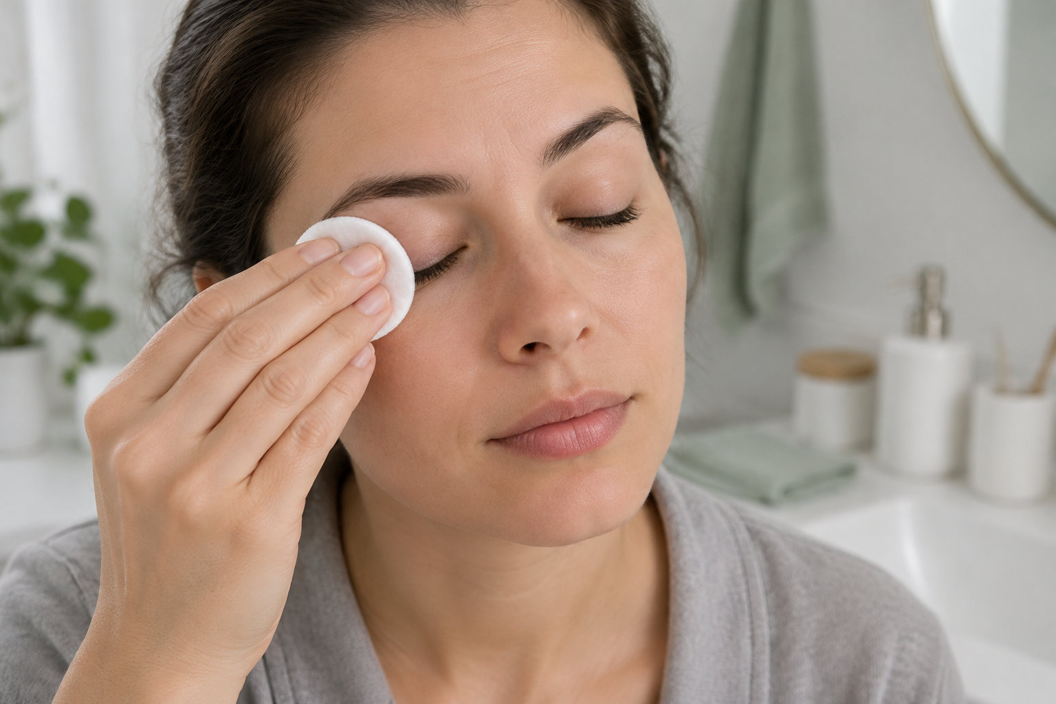 Une femme aux yeux fermés applique un disque de coton sur sa paupière dans une salle de bain.