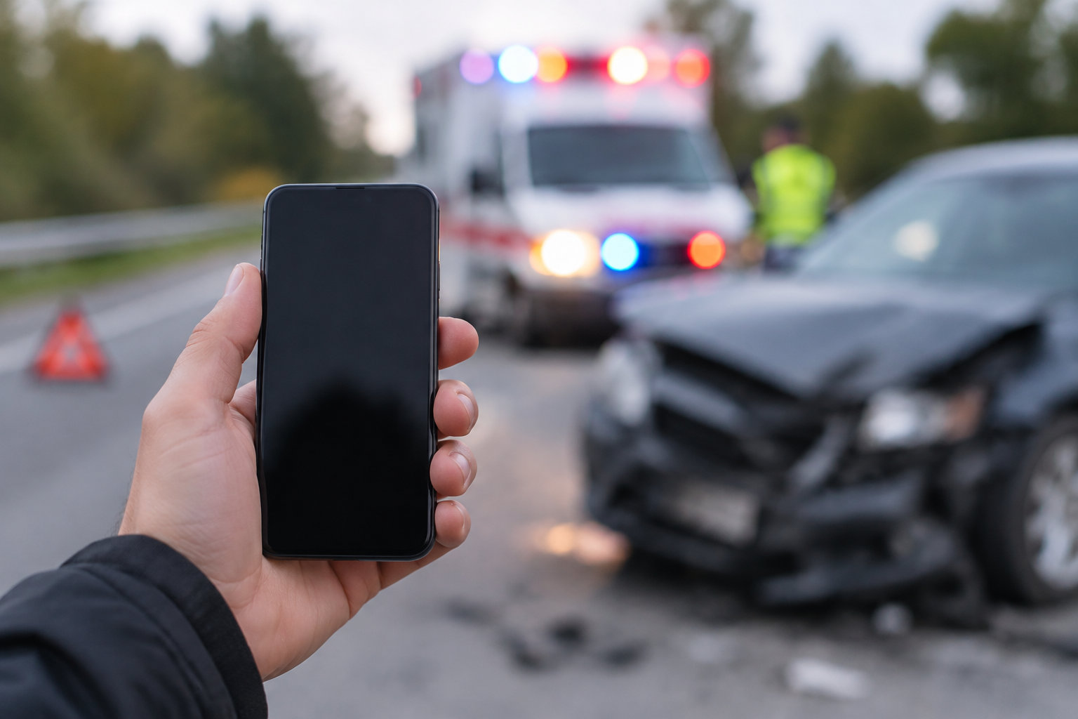 Une main tient un téléphone à l’écran noir devant une voiture accidentée, une ambulance aux gyrophares allumés et une personne en gilet fluorescent sur la route.