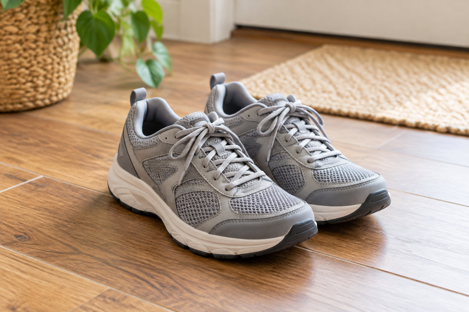 Une paire de chaussures de sport grises est posée sur un parquet, près d’un tapis et d’une plante en pot.