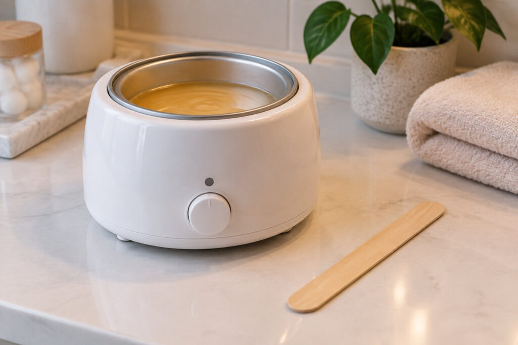 Un chauffe-cire blanc rempli de cire dorée fondue sur un comptoir, avec une spatule en bois à côté.